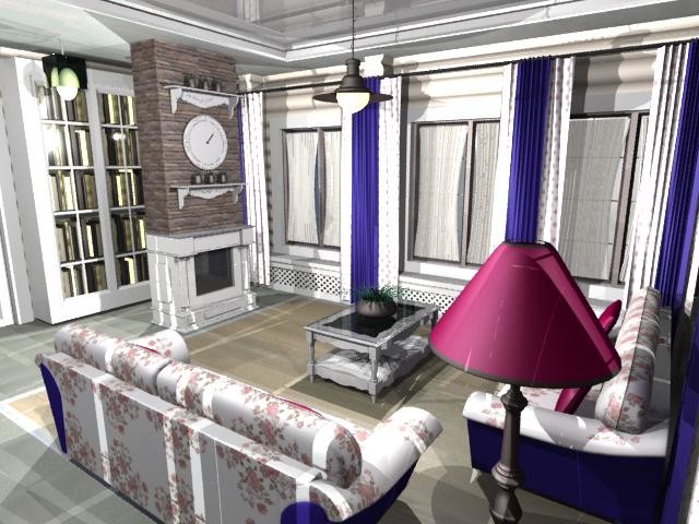 гостиная с камином и библиотекой в доме из бруса