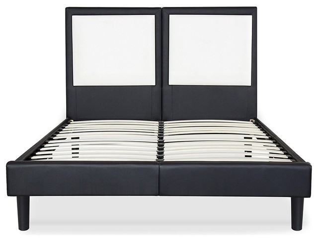 Metal Faux Leather Wood Folding Bed Frame Black Beige King
