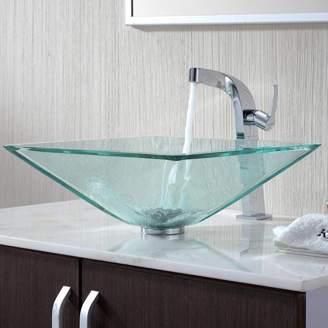 Kraus C-GVS-901-19mm-15100CH Clear Aquamarine Glass Vessel Sink & Typhon Faucet