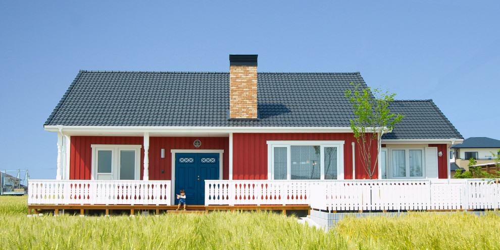 Design ideas for a large scandinavian one-storey red exterior in Other with a clipped gable roof and wood siding.