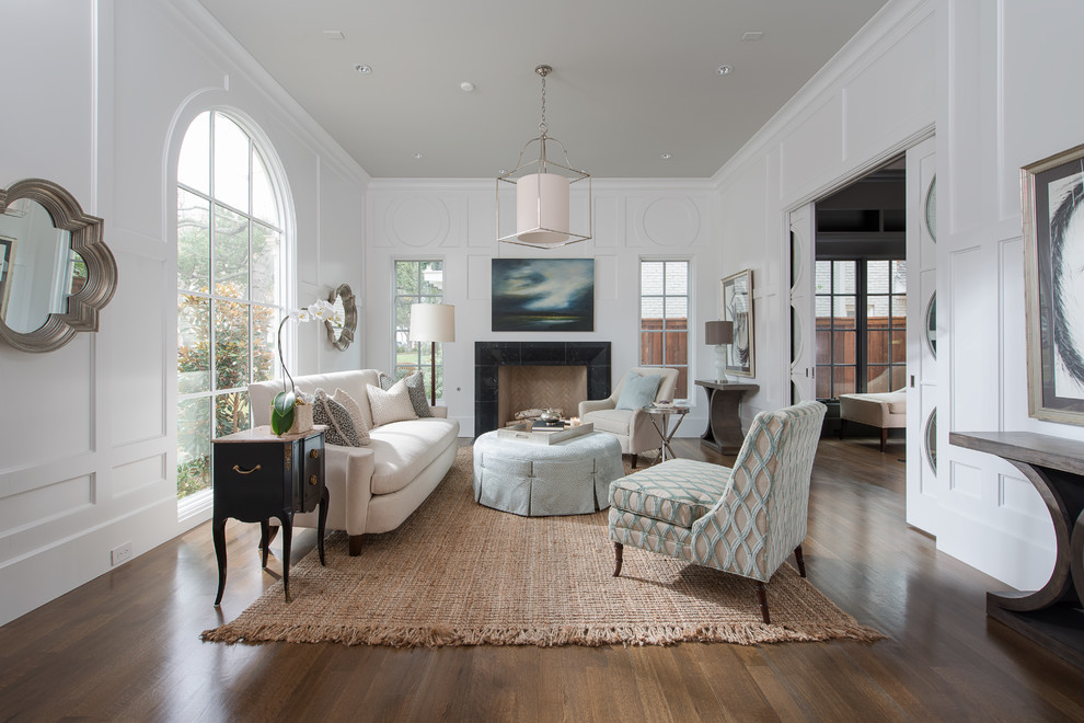 Inspiration for a traditional enclosed living room in Dallas with white walls, dark hardwood floors, a standard fireplace and a tile fireplace surround.