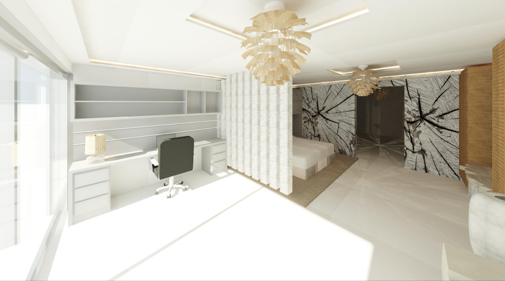 Immagine di una camera matrimoniale mediterranea di medie dimensioni con pareti beige, pavimento in travertino, pavimento beige, soffitto a volta e pareti in mattoni
