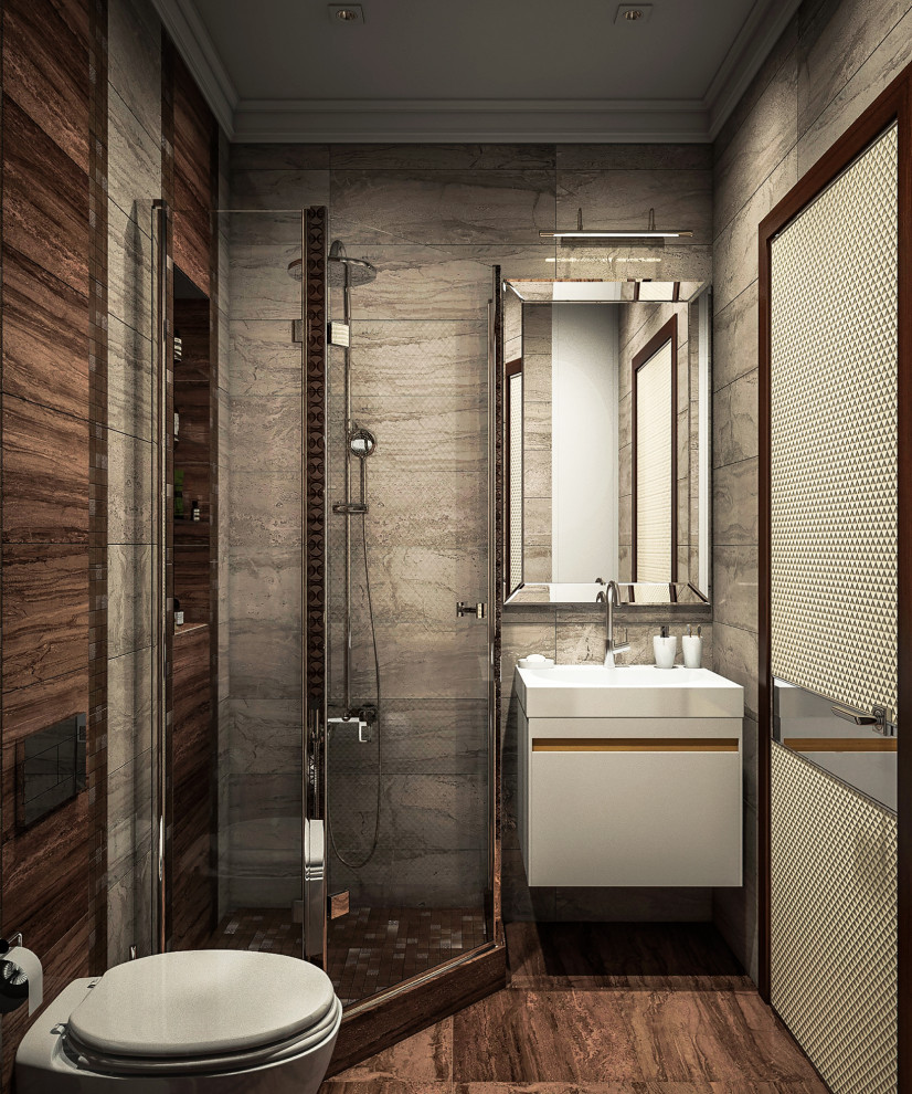 На фото: главная ванная комната в стиле модернизм с угловым душем, бежевой плиткой, керамической плиткой, бежевыми стенами, деревянным полом, врезной раковиной, стеклянной столешницей, коричневым полом, душем с распашными дверями, белой столешницей, тумбой под одну раковину, кессонным потолком и панелями на части стены с