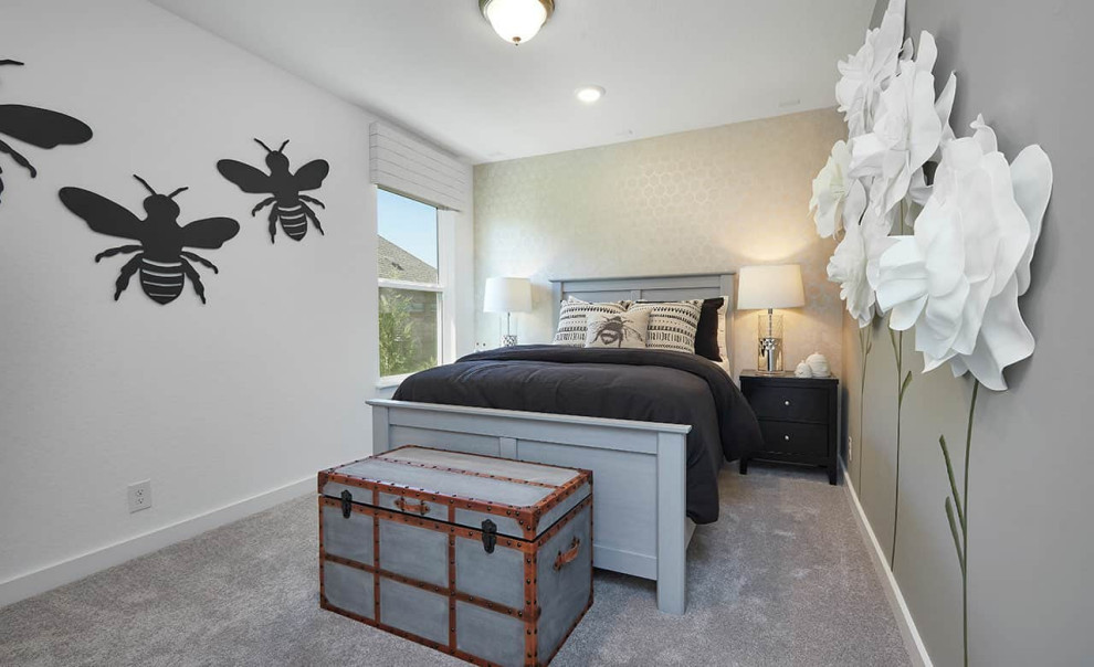 This is an example of a contemporary guest bedroom in Other with white walls, carpet and grey floor.