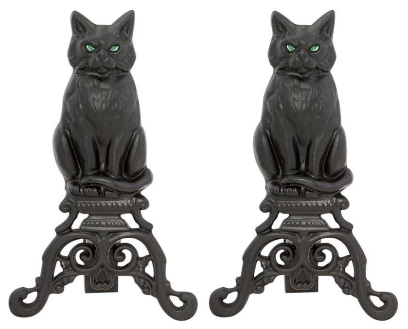 Uniflame Black Cast Iron Cat Andirons, Reflective Glass Eyes