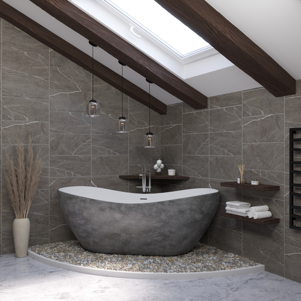 Idéer för ett mellanstort modernt badrum, med ett hörnbadkar, en hörndusch, en vägghängd toalettstol, brun kakel, keramikplattor, bruna väggar, marmorgolv, ett avlångt handfat, grått golv och dusch med skjutdörr
