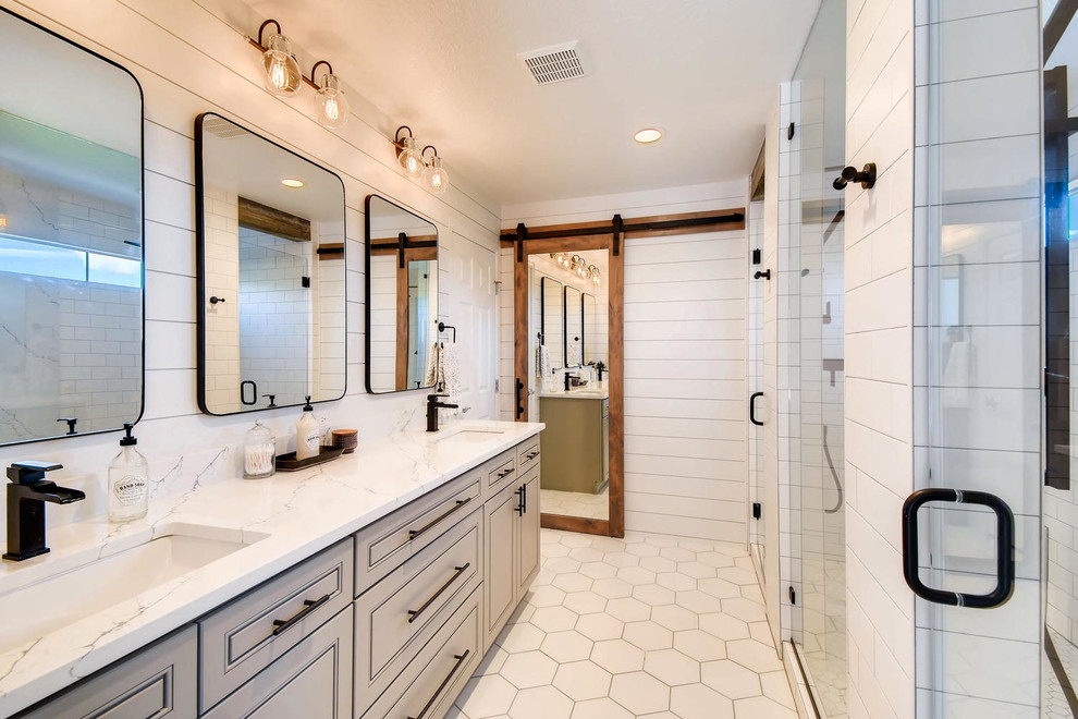 Large country master bathroom in Denver with shaker cabinets, grey cabinets, white tile, ceramic tile, white walls, ceramic floors, engineered quartz benchtops, white floor, a hinged shower door and white benchtops.