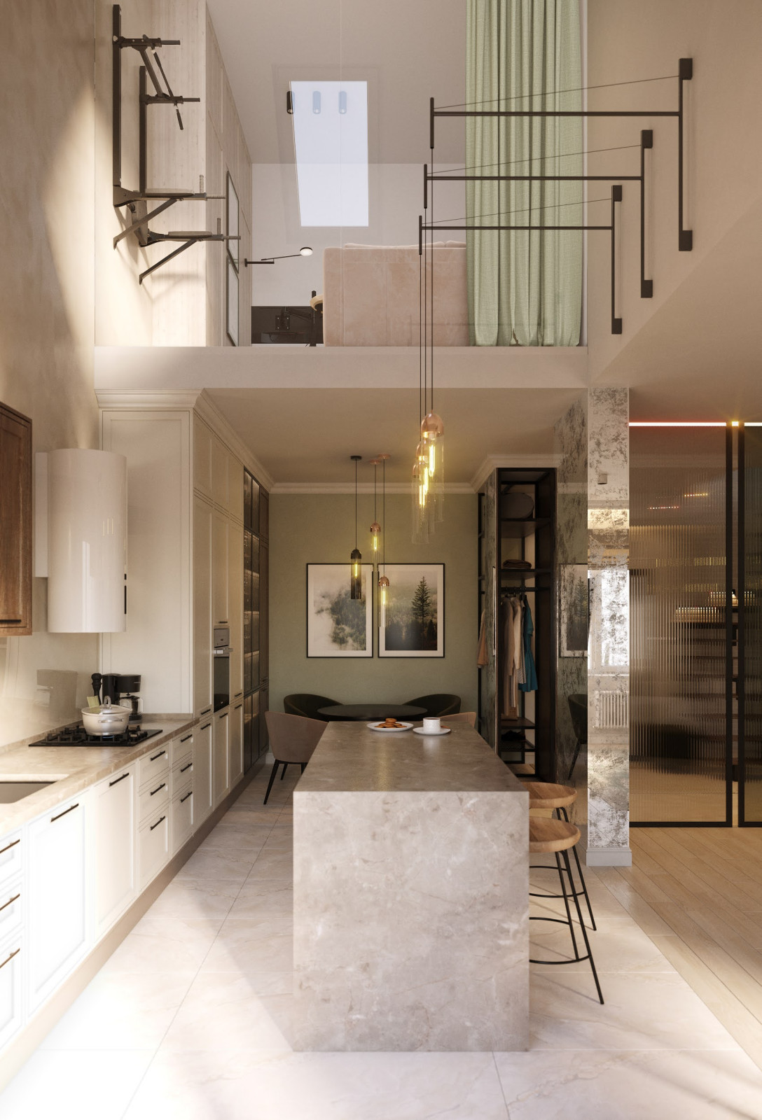 Кабинет на антресоли отделен от кухни стеклянной перегородкой