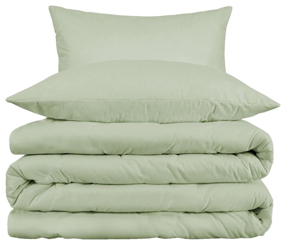 Cotton Blend Duvet Cover and Pillow Sham Set, Green, Full/Queen