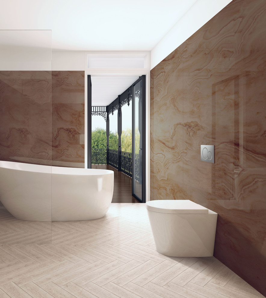 Inspiration for a contemporary bathroom with a wall-mount toilet.