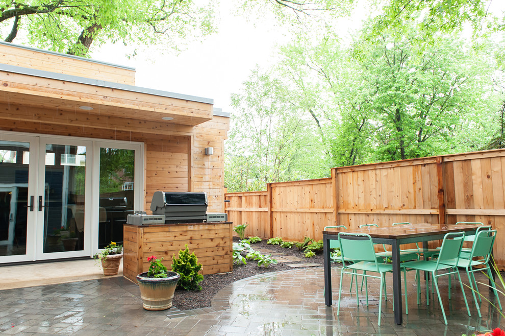 Patio kitchen - mid-sized modern backyard stone patio kitchen idea in DC Metro with a roof extension