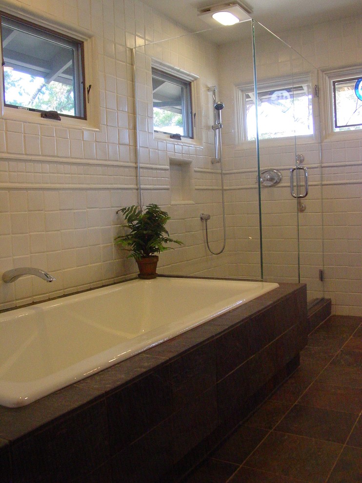 Mid-sized asian master bathroom in San Francisco with a drop-in sink, flat-panel cabinets, medium wood cabinets, tile benchtops, a drop-in tub, a corner shower, white tile, ceramic tile, white walls and ceramic floors.
