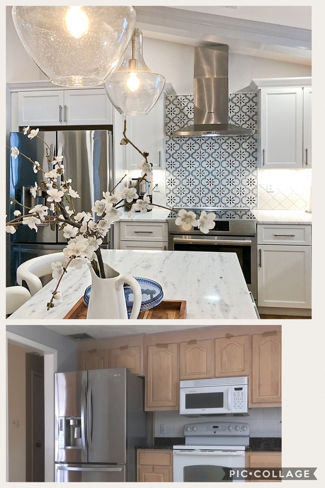 Inspiration for a transitional light wood floor eat-in kitchen remodel in Boston with an island
