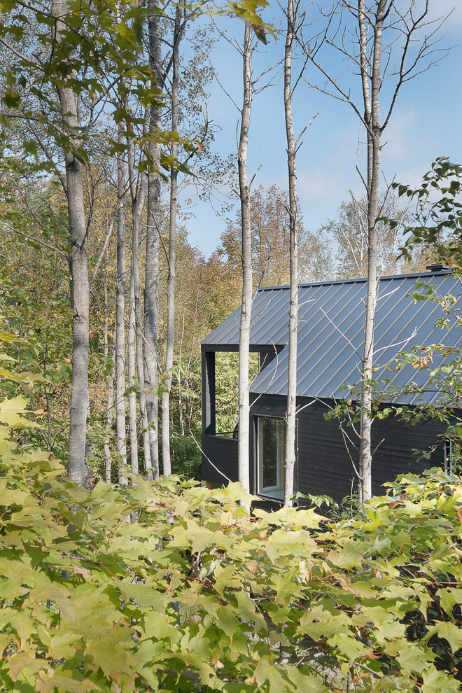 Photo of a modern one-storey black house exterior in Montreal with wood siding and a metal roof.