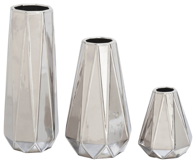 CosmoLiving by Cosmopolitan Set of 3 Silver Stoneware Glam Vase