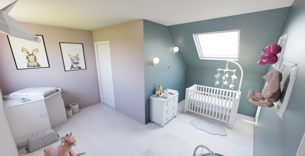 Small shabby-chic style nursery for girls in Nantes with grey walls, light hardwood flooring and white floors.