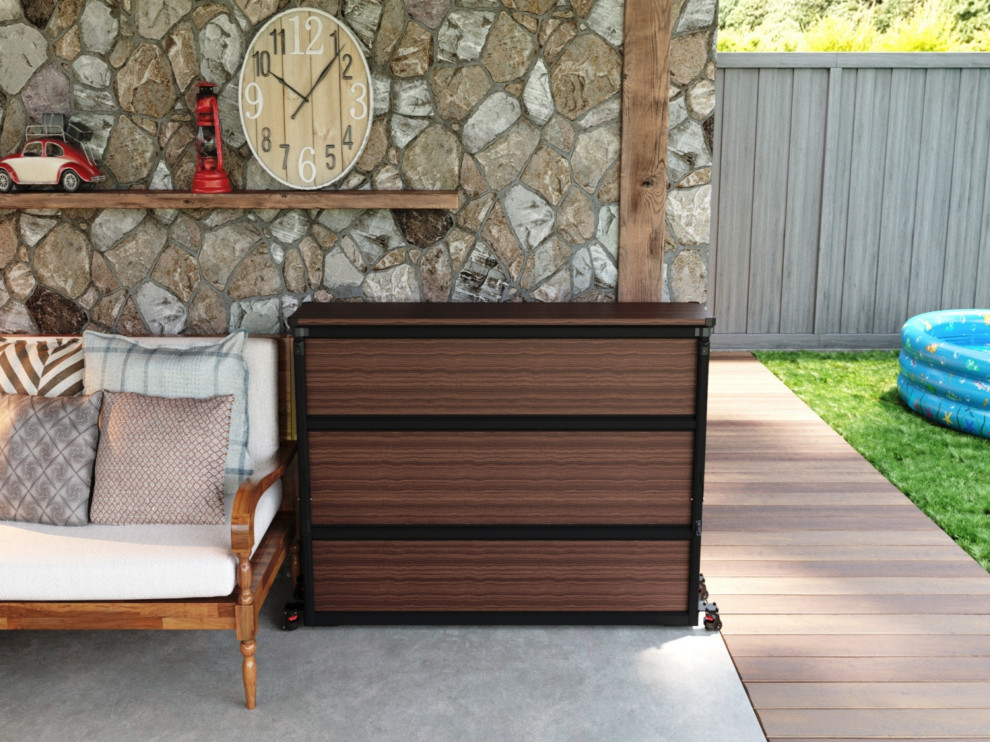 Hidden outdoor TV lift cabinet in closed position