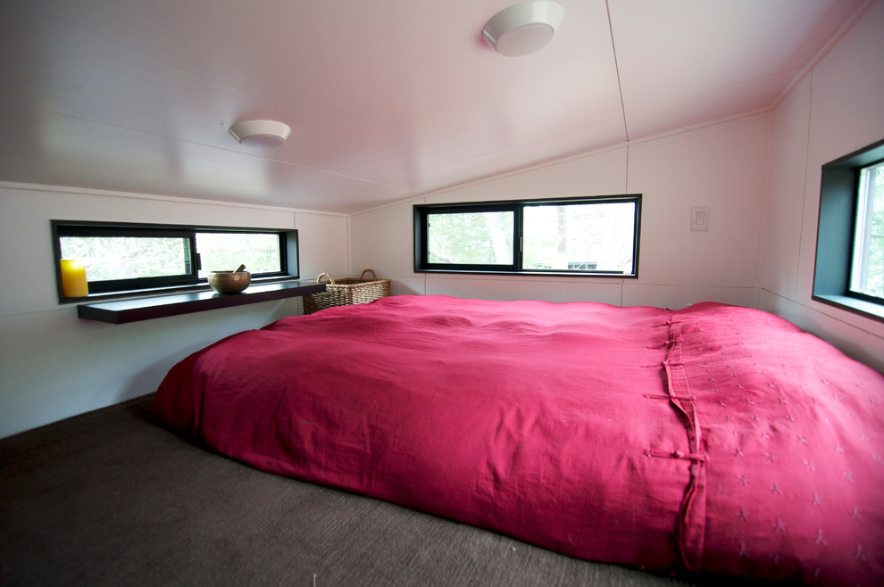 This is an example of a small modern loft-style bedroom in Other with white walls and medium hardwood floors.
