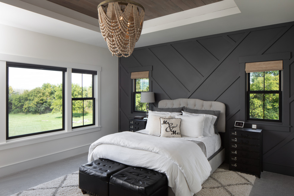 Example of a mid-sized farmhouse master carpeted, gray floor, tray ceiling and wainscoting bedroom design in Milwaukee with gray walls and no fireplace