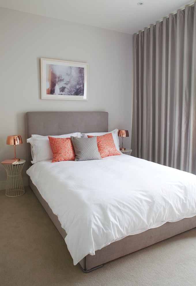 This is an example of a transitional master bedroom in Dublin with grey walls, carpet and beige floor.