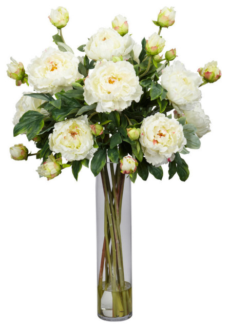 Peony With Cylinder Silk Flower Arrangement, White
