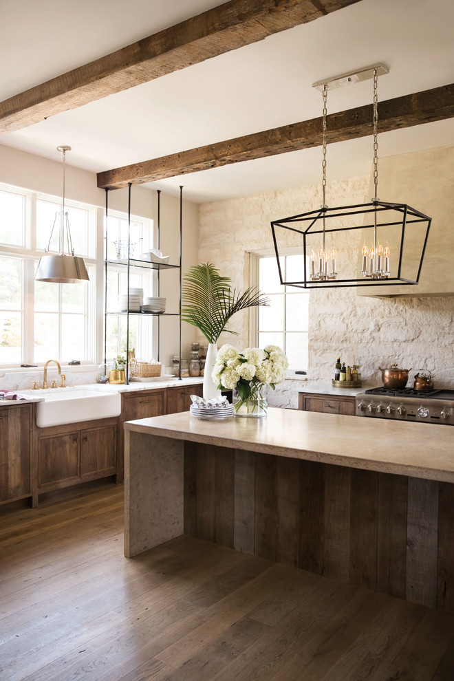 Mid-sized transitional u-shaped dark wood floor and brown floor open concept kitchen photo in Cleveland with a farmhouse sink, shaker cabinets, medium tone wood cabinets, beige backsplash, stainless steel appliances, an island and beige countertops