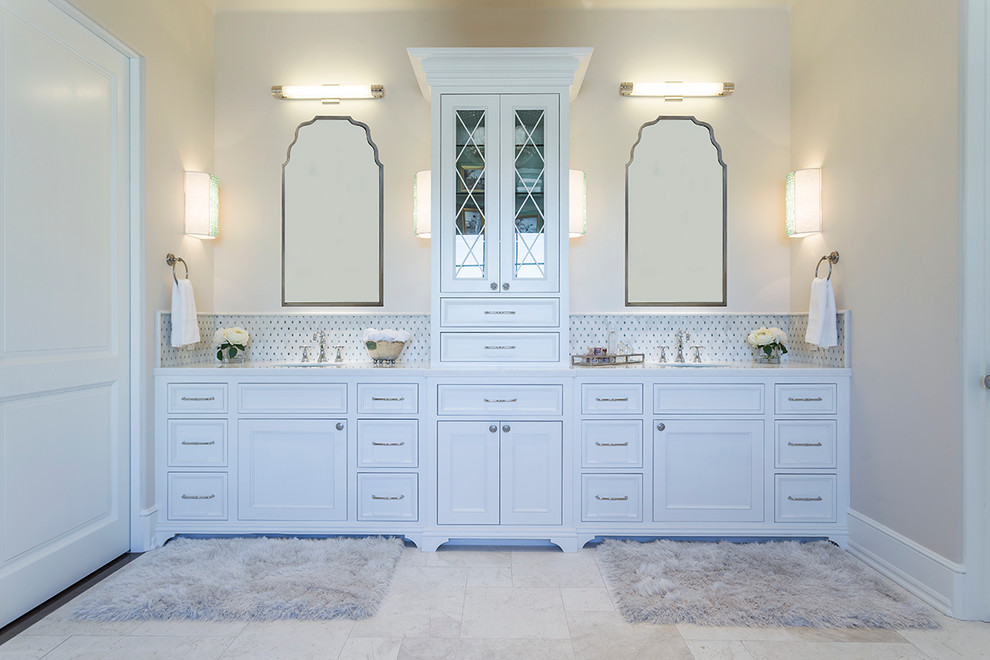 Huge transitional master white tile and porcelain tile porcelain tile bathroom photo in Phoenix with recessed-panel cabinets, white cabinets, white walls and solid surface countertops