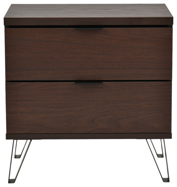 Demijen Modern Industrial 2 Drawer Wide Nightstand, Walnut and Matte