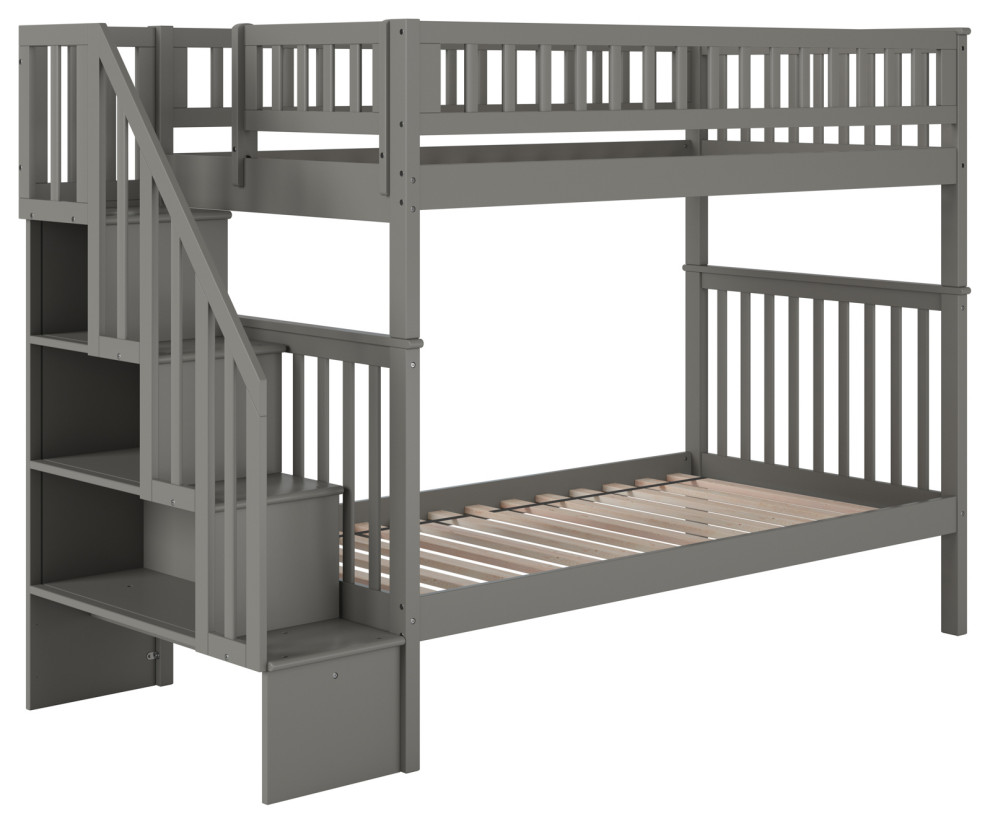 Woodland Staircase Bunk Bed Twin Over Twin, Gray Craftsman Bunk