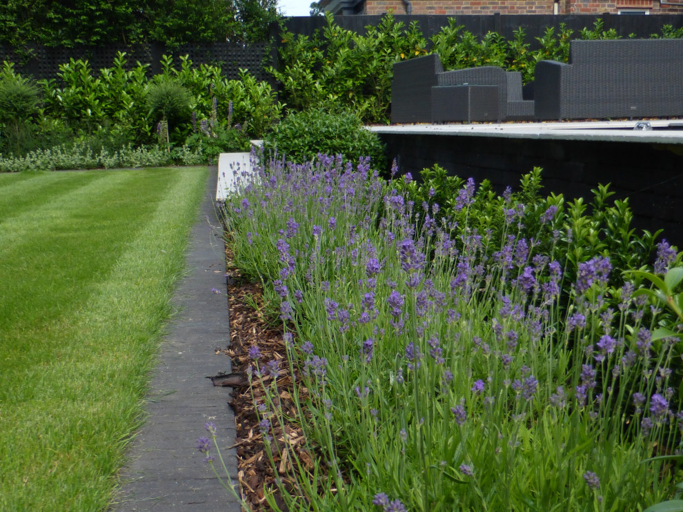 Idée de décoration pour un grand jardin à la française arrière minimaliste l'été avec une exposition partiellement ombragée, des pavés en brique et une clôture en bois.