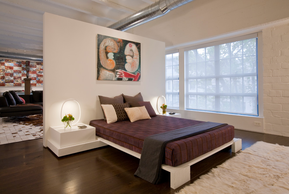 Inspiration for a contemporary bedroom in DC Metro with white walls and dark hardwood floors.