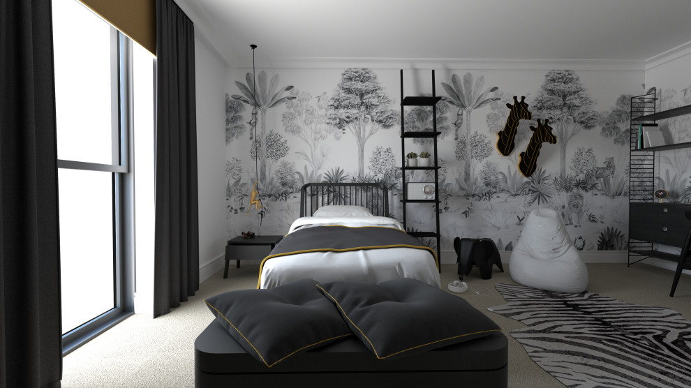 Design ideas for a medium sized contemporary grey and black bedroom in London.