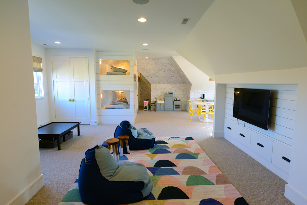 Photo of a large gender-neutral kids' playroom in Indianapolis with beige walls, carpet and beige floor.