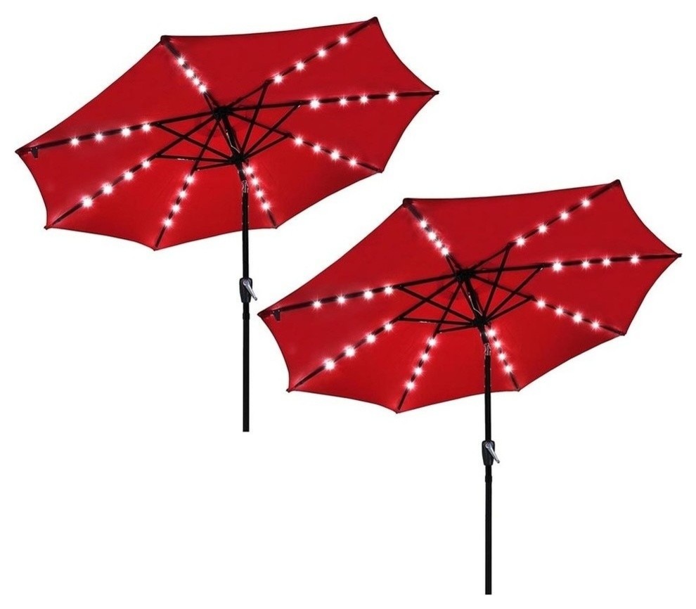 LAGarden 2-Pieces 9' Outdoor Solar Patio Umbrella With 32 Leds Crank Tilt, Red
