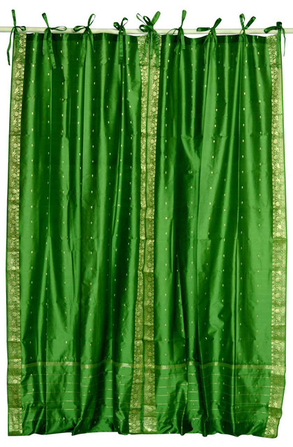 Forest Green Tie Top Sheer Sari Curtain Drape Panel Pair