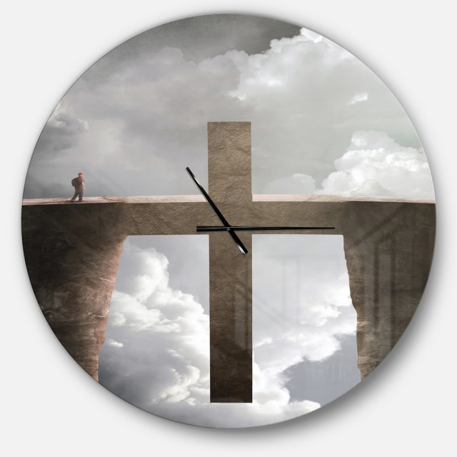 Big Cross Between Two Cliffs Oversized Religious Metal Clock