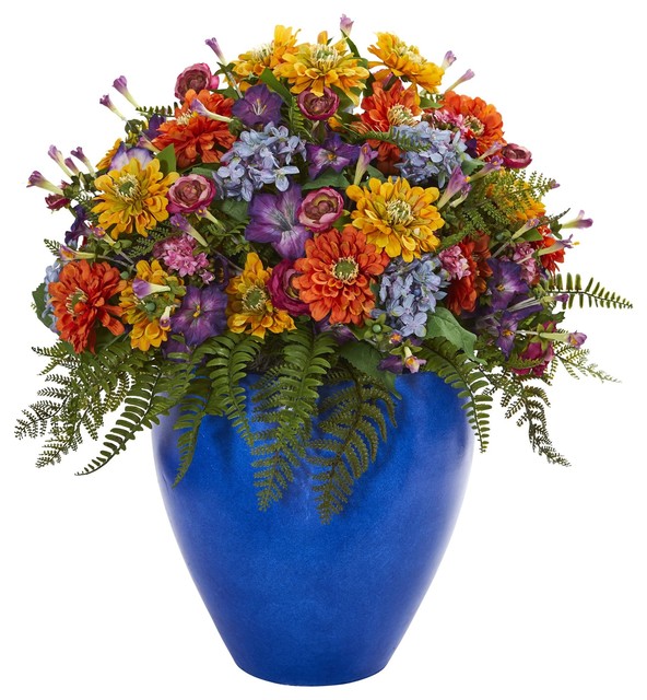 Artificial Flowers Giant Mixed Floral Arrangement In Blue Vase Artificial Plant Tropical Artificial Flower Arrangements By Wrought Iron Haven