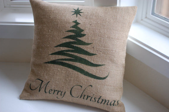 Burlap Pillow Cover with Christmas Tree by LaRae Boutique