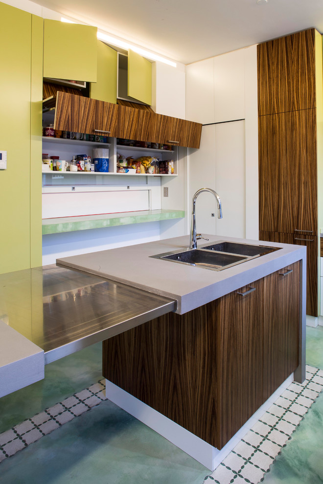 Inspiration for a mid-sized modern u-shaped separate kitchen in Rome with a drop-in sink, flat-panel cabinets, purple cabinets, concrete benchtops, stainless steel appliances, linoleum floors, with island and multi-coloured floor.