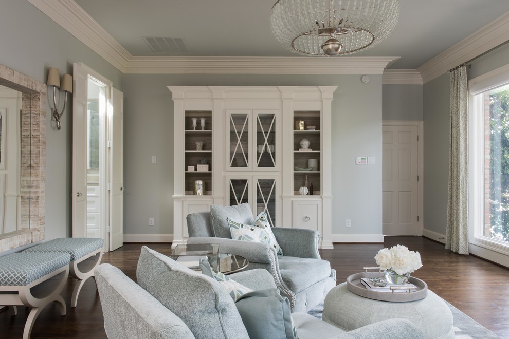 Design ideas for a large transitional master bedroom in Dallas with grey walls and dark hardwood floors.