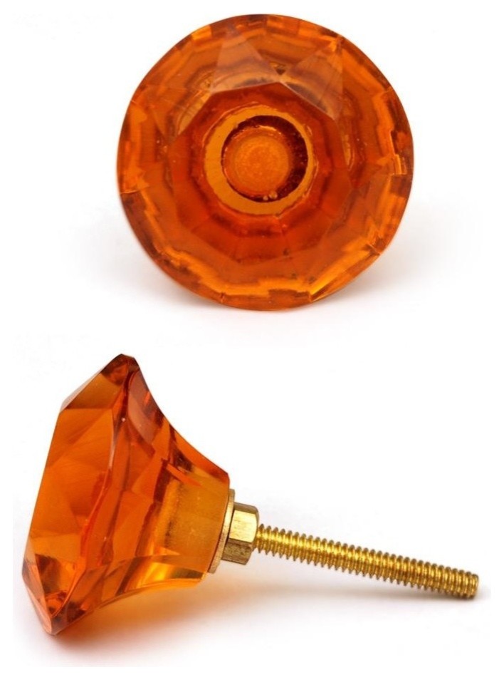 Glass Knobs, Orange Glass DiamondCut Mushroom, Set of 2 Contemporary