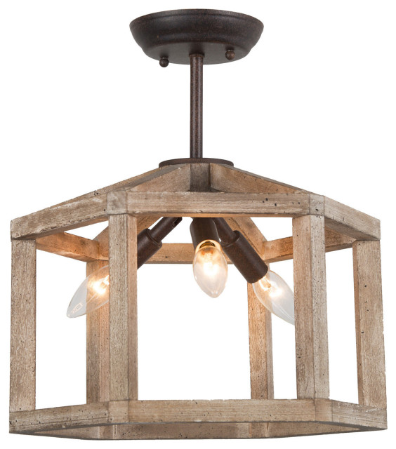 LNC Farmhouse 3-Light Bronze Drum Wood Semi-Flush Mount Chandelier