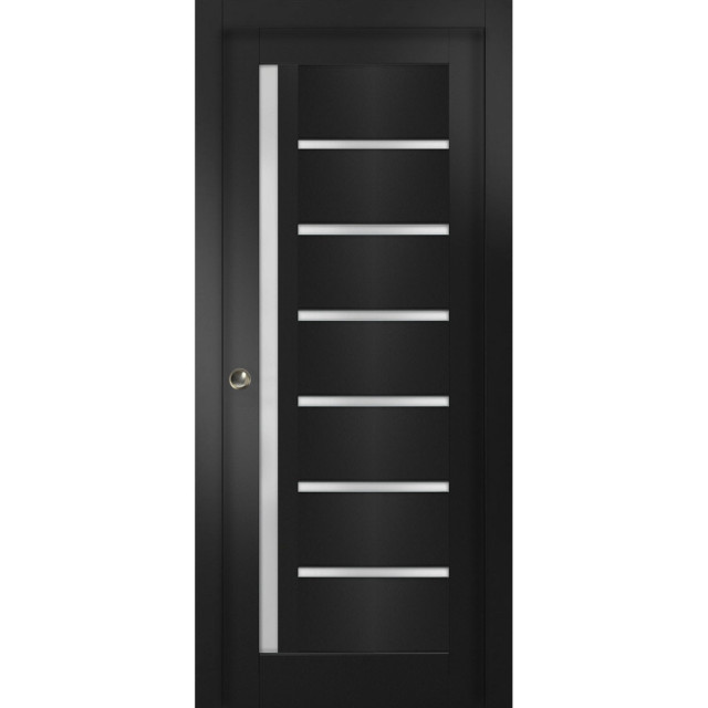 Sliding Pocket Door, Quadro 4088 Black Frosted Glass, Rails, 36"x80