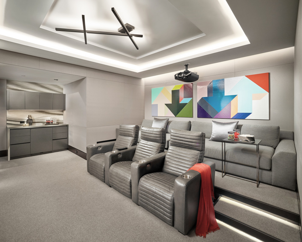 Design ideas for a contemporary home theatre in Miami with grey walls, carpet and grey floor.