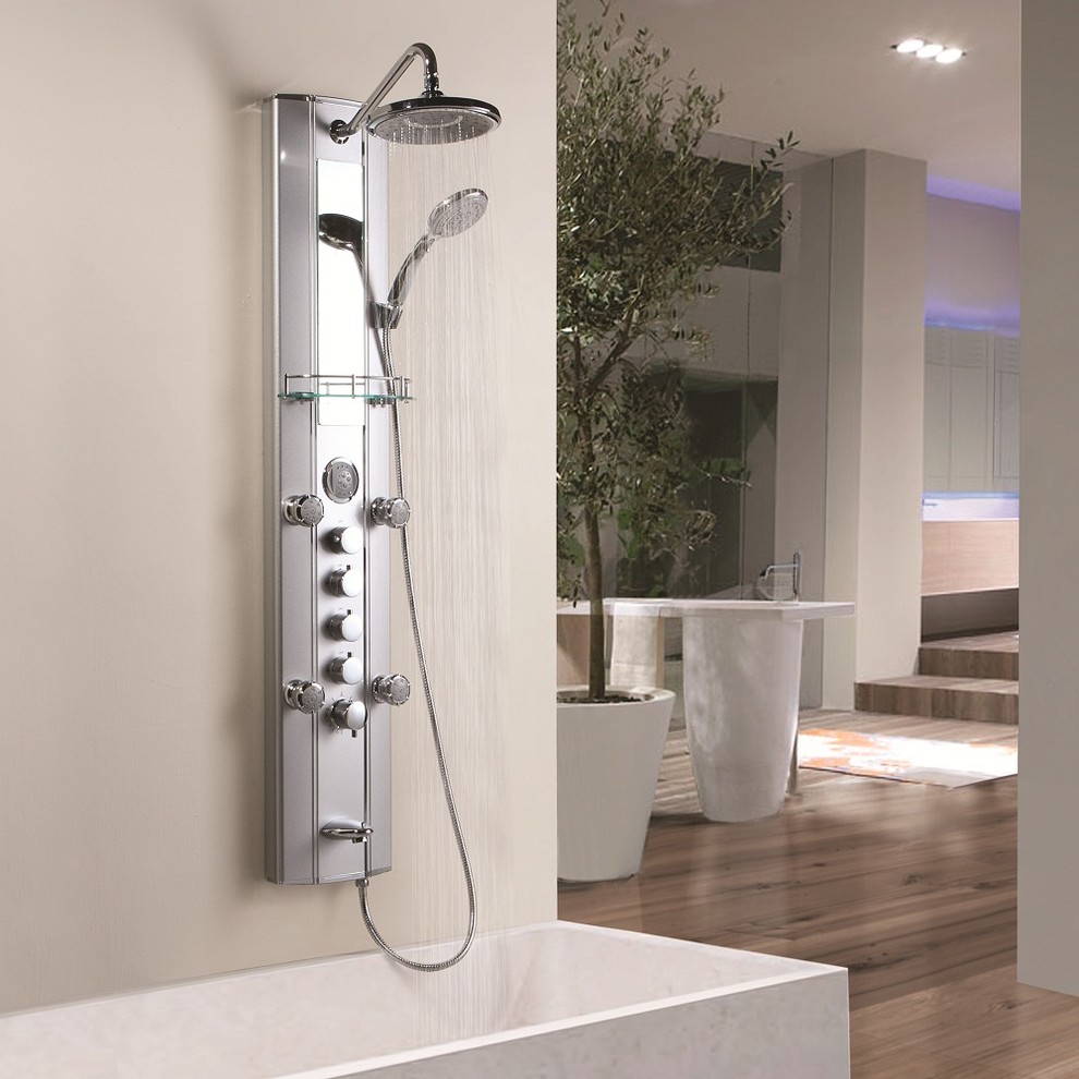 Thermostatic Shower Tower Panel System with Tub Filler Faucet Aluminum