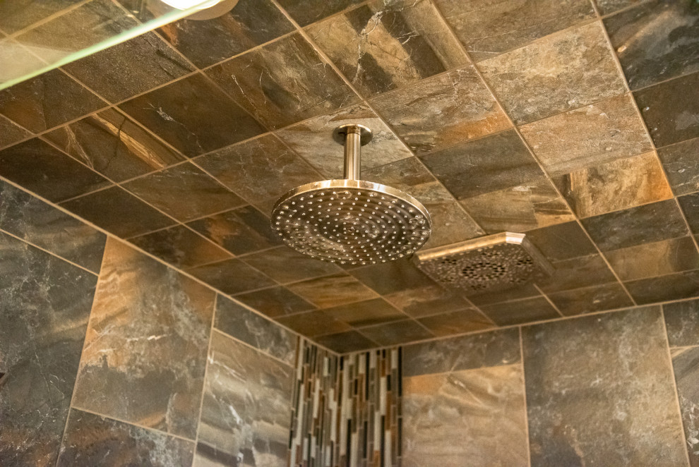 Inspiration for a large rustic master alcove shower remodel in Baltimore with a hinged shower door