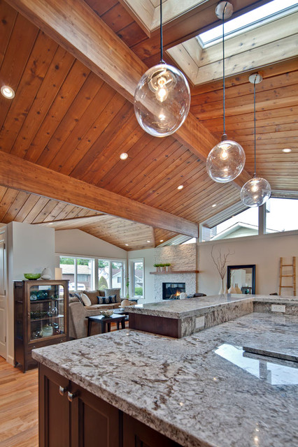 Great Room With Vaulted Wood Ceiling Transitional
