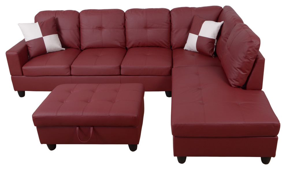 L Shape Sectional Sofa Set with Storage Ottoman, Red, Right Hand Facing Chaise
