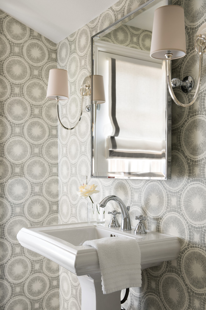 Small transitional powder room photo in San Francisco with multicolored walls and a pedestal sink