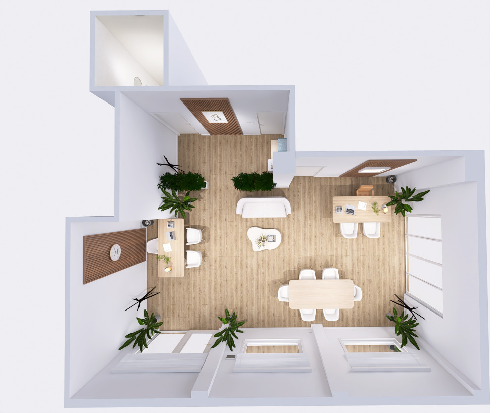 Plano 3D de distribución de oficina inmobiliaria en Málaga